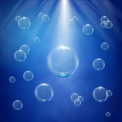 Bubbles in sunny water. Blue banner or flyer with water sprays. Sunshine flare. Underwater background with bubbles. Glowing rays and sparkles beam. Sun flash with solar effect and radiate burst.
