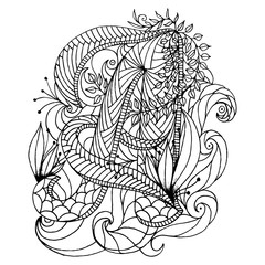 Adult coloring page with a letter of the alphabet.