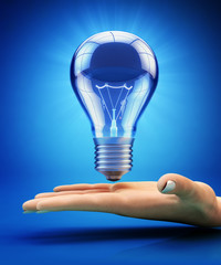 Offer of business solution and idea concept, light bulb on human hand palm on blue background