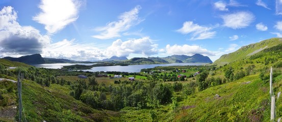 Panorama of Norwegian landscape with mountains and water in the Lofoten Islands, Norway