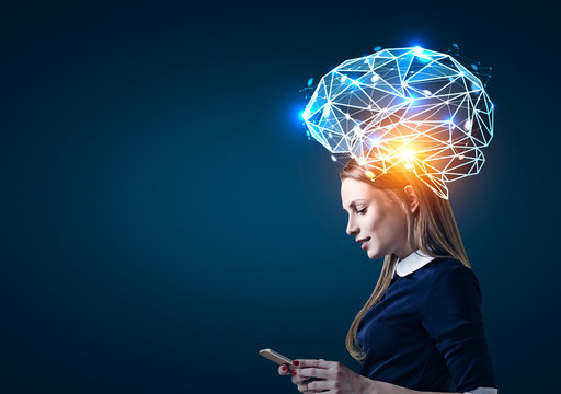 Blond woman with phone and brain hologram