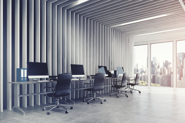 Naklejka premium Open space office gray wooden walls