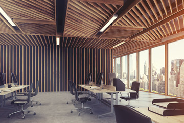 Two rows wooden open space office toned