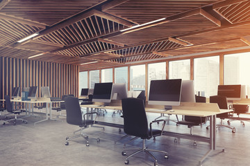 Wooden open space office close up toned