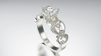 3D illustration silver ring with diamonds and ornament