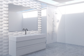 White brick bathroom with a sink side