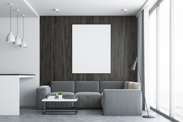 Living room and kitchen, concrete closeup