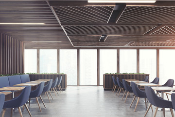 Blue chair cafe wooden interior front toned