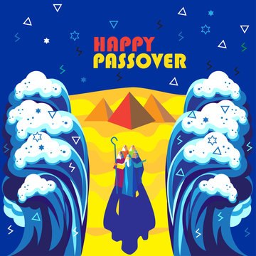 Happy Passover Jewish Holiday background, Vector illustration with Moses, sea waves, sky, Egyptian pyramids. Israel. Futuristic style