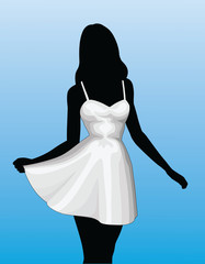 Girl In Sun Dress is an illustration of a silhouette of an beautiful woman or girl in a white sun dress on a sky blue fading background.