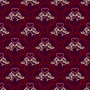 Valentines Day seamless pattern with couples birds and hearts. Trendy linear design of love symbols. Juicy rich background.