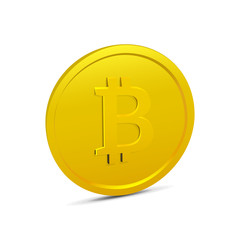 Bitcoin coin isolated on white background. Realistic 3D gold coin icon. Vector illustration of electronic virtal money. Cryptographic currency.