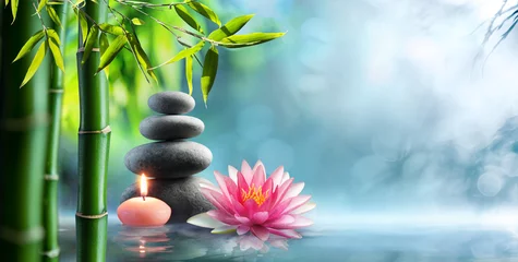 Wall murals Spa Spa - Natural Alternative Therapy With Massage Stones And Waterlily In Water  