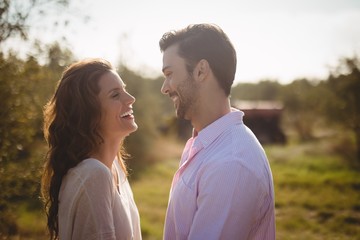 Happy young couple looking at each other at farm