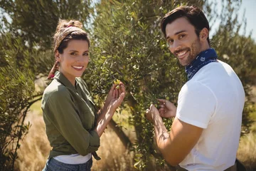 Fond de hotte en verre imprimé Olivier Souriant jeune couple tenant un olivier à la ferme
