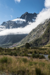 Fototapeta na wymiar Fiordland National Park, New Zealand - March 16, 2017: Monkey Creek flows in valley among tall mountain peaks partly covered by cloud bands. Green vegetation in swamp.