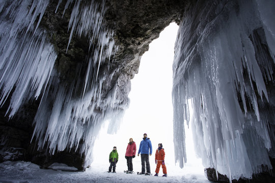 Winter Family Outdoors Snowshoe Adventure to Frozen Ice Cave Grotto at Bruce Peninsula National Park