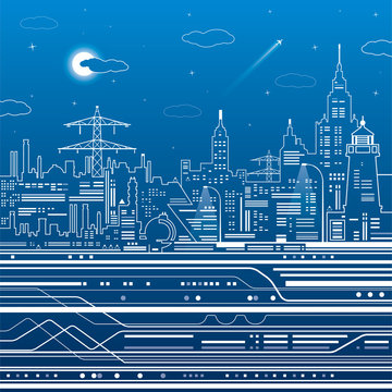 Infrastructure illustration, night city, airplane fly, train move, urban scene, white lines on blue background, vector design art