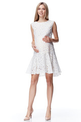 Beautiful elegant pregnant woman blond hair wear style fashion dress for mother hold in hand tummy wait for baby child new born pretty lady clothes for pregnancy white background collection heath.
