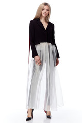 Fashion glamour sexy model beautiful woman pretty face long bold hair skin care perfect white background makeup lady wear black jacket silk style clothes for office party walk celebrity accessory.