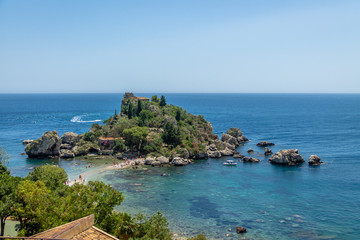 Aerial view of Isola Bella island and beach - Taormina, Sicily, Italy