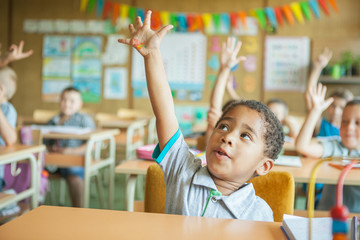 Primary School Students Raising Hands