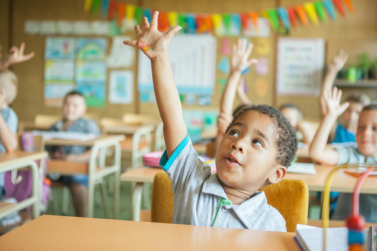 Primary School Students Raising Hands