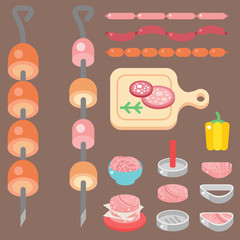 Meat products ingredient and rustic elements preparation equipment food flat vector illustration.