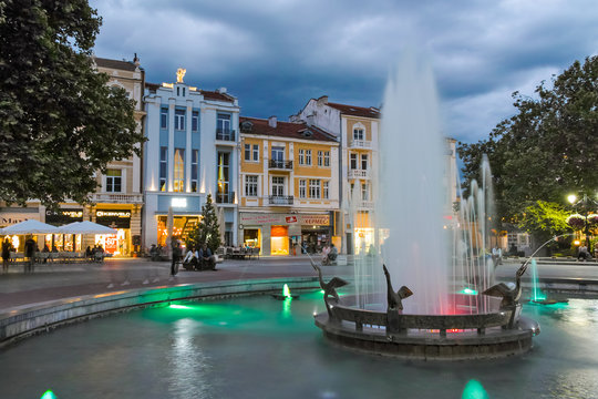 PLOVDIV, BULGARIA - JUNE 9 2017: Night photo of Walking street in city of Plovdiv, Bulgaria