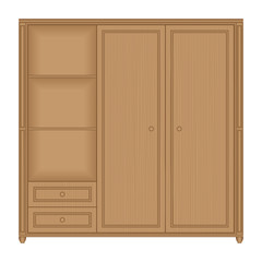 Front view of wooden wardrobe with drawers and shelves in isolated white background