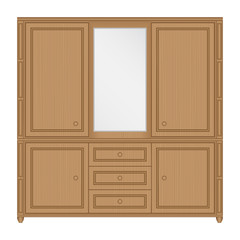 Front view of wooden wardrobe with mirror and drawers in isolated white background