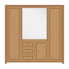 Front view of wooden wardrobe with mirror and drawers in isolated white background