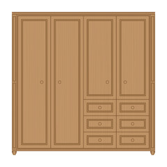 Front view of wooden wardrobe with drawers in isolated white background