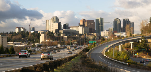 Fototapeta na wymiar Rush Hour Highway Landscape Bellevue Washington Downtown City Skyline