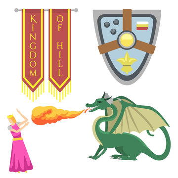 Heraldic royal crest medieval knight elements vintage king symbol heraldry brave hero vector illustration
