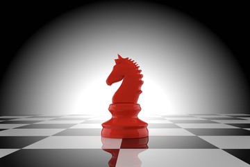 red chess knight on chessboard in 3D rendering © guardiano007