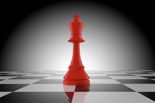 red chess king on chessboard in 3D rendering
