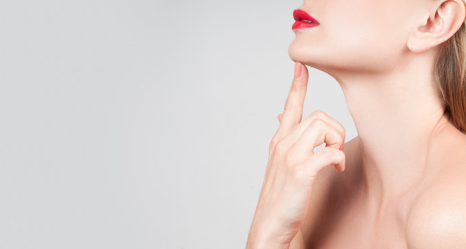 Beautiful Woman Neck With Clean Skin And Red Lips