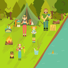 Happy family go camping and fishing. Vector illustration in flat style design. Cartoon people characters and tourist objects. Tent, fire, fishing rod, food, axe. Parents and kids on holiday