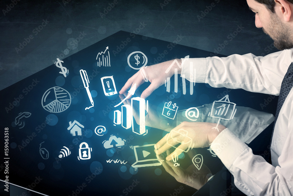 Poster Man touching technology smart table with business icons