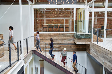 Group of millennials walking up stairs in office