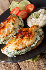 Delicious chicken breasts baked with cream cheese and spinach closeup. vertical