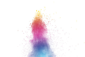 abstract color powder splatted on white background,Freeze motion of color powder explosion 