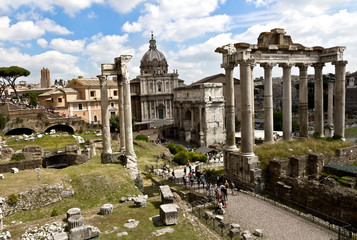 Fototapeta na wymiar Roman Forum - square in the heart of ancient Rome, along with surrounding buildings.