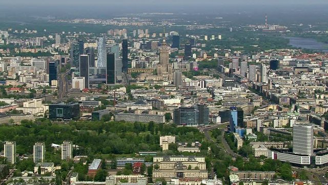 Aerial high angle view of Warsaw Downtown skyscrapers, capital of Poland