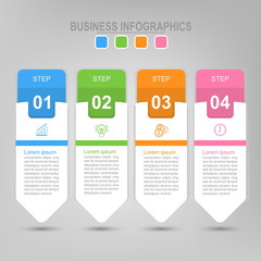 Infographic template of four steps on squares, envelope of banner, arrow down, flat design of business icon, vector