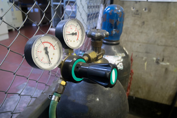 Welding gas cylinder pressure gauge close up