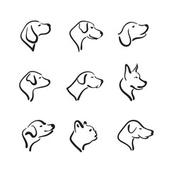 Vector group of hand drawn dog head on white background. Pet Animals.