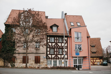 Traditional house in the German style in Bavaria. The architecture of houses in Germany.