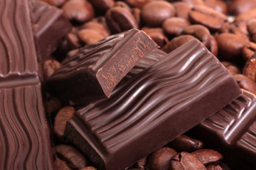 Coffee beans and chocolate cut